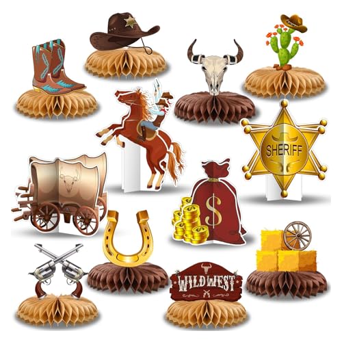 Bubaxuce 12 Pièces Décorations De Fête Western Cowboy Centres Alvéolés - Décorations De Table 3D Recto Verso Pour Thème Far West, Premier Rodéo Anniversaire,...