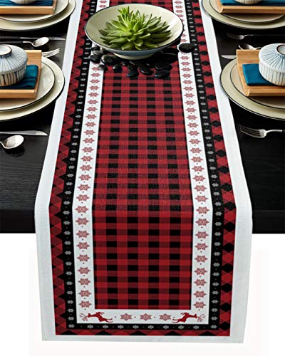 Christmas Table Runner-Red Black Buffalo Plaid Check-Cotton Linen-Winter Dinner Scarf DÃ©cor,Long 108 Inch Holiday Reindeer Tree Dresser Scarves,Xmas Kitchen Coffee/Dining Home Living Room Tablerunner