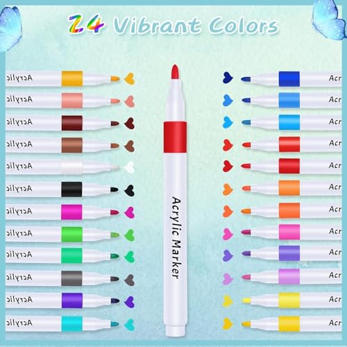 Image of Wynhard Acrylic Markers Pen Paint Acrylic Colour Pens for Painting Acryli Colour Markers Set 24 Shades Paint Pens Markers for Rock, Wood, Canvas, Stone, Glass, Ceramic, Fabric DIY Crafts Art Supplies