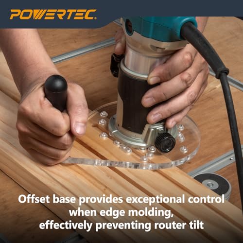 Image of POWERTEC Offset Base Plate for Trim Routers Edge Profile Tool - Fits Listed Models of Bosch, DeWalt, Makita, Porter-Cable, Ryobi, Milwaukee, Ridgid - Clear Acrylic Sub Base w /Handle & Screws (72146)