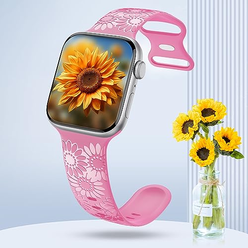 Image of Sunflower Engraved Band Compatible with Apple Watch Bands 38mm 40mm 41mm 42mm 44mm 45mm 49mm Women, Designer Soft Glossy Floral Silicone Strap for iWatch Series Ultra 11 10 9 8 7 6 SE 5 4 3 2 1