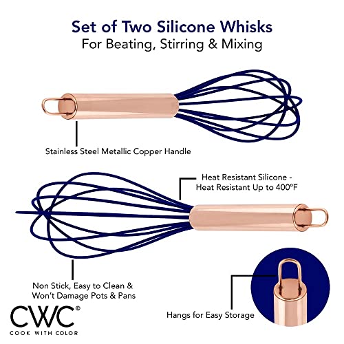 Cook With Color Silicone Whisks For Cooking, Stainless Steel Wire Whisk Set Of Two - 10” And 12”, Heat Resistant Kitchen Whisks, Balloon Whisk For Nonstick Cookware - Rose Gold And Navy #TOP4