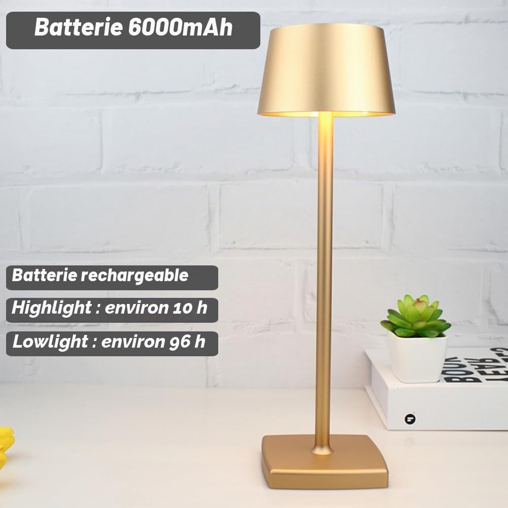 Lampe de Table Sans Fil, 6000mAh Batterie Rechargeable, IP54 Étanche, Alliage d'aluminium, Gradation Tactile, Lumière Chaude LED 4W, pour Intérieur Extérieur Restaurant Buffet Bar Café, Or