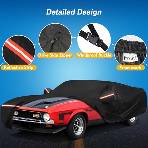 Image of QUNSUNUS Waterproof Car Cover for Ford Mustang 1969-1973, Outdoor Car Covers with Zipper, All Weather Full Exterior Cover with Straps and Elastic Edges for Wind, Sun, UV and Dust Protection