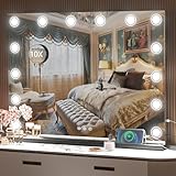 Hasipu Vanity Mirror with Lights, 32' x 24' Makeup Mirror, Light up Mirror with 14 Dimmable LED Lights and 10X Magnification, 3 Colors Modes, Touch Control, USB Charging Port, Black