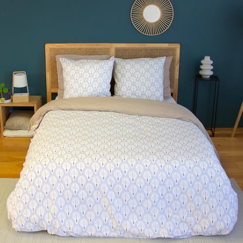 COSTTE DECO   Juego de funda nórdica de 220 x 240 cm y 2 fundas de almohada de 63 x 63 cm, diseño geométrico blanco y beige (220 x 240 cm)