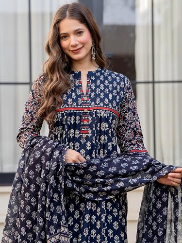 Image of Amayra Women's Pure Cotton Printed A-Line Kurta Set with Palazzo Pants & Dupatta- Ethnic Wear