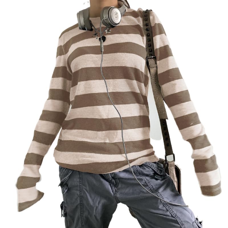 Women Y2k Striped Long Sleeve Slim Tops Color Block Round Neck Harajuku Tees Vintage 90s Shirts Streetwear Aesthetic Clothes: M-brown Small