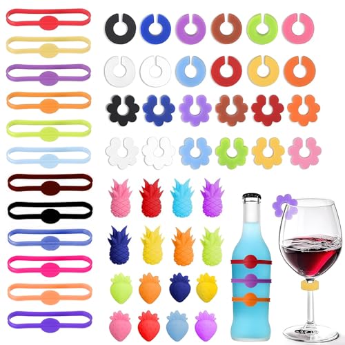 AMSGANK Marqueur de Verre en Silicone, 52 Pièces Marqueurs Silicone de Verres Marque Verre à Vin Réutilisables pour Fêtes Mariage, Bar, Identificateur Coloré pour Cocktail-Vin-Événement
