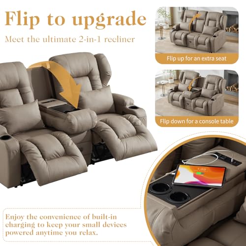 Image of Loveseat Recliner Sofa with Flip-up Console,RV Wall Hugger Recliners for Small Spaces,Reclining Loveseat Sofa Recliner with Cup Holders /Lumbar Pillows,RV Furniture (Khaki, 68 inch 2-Seater)