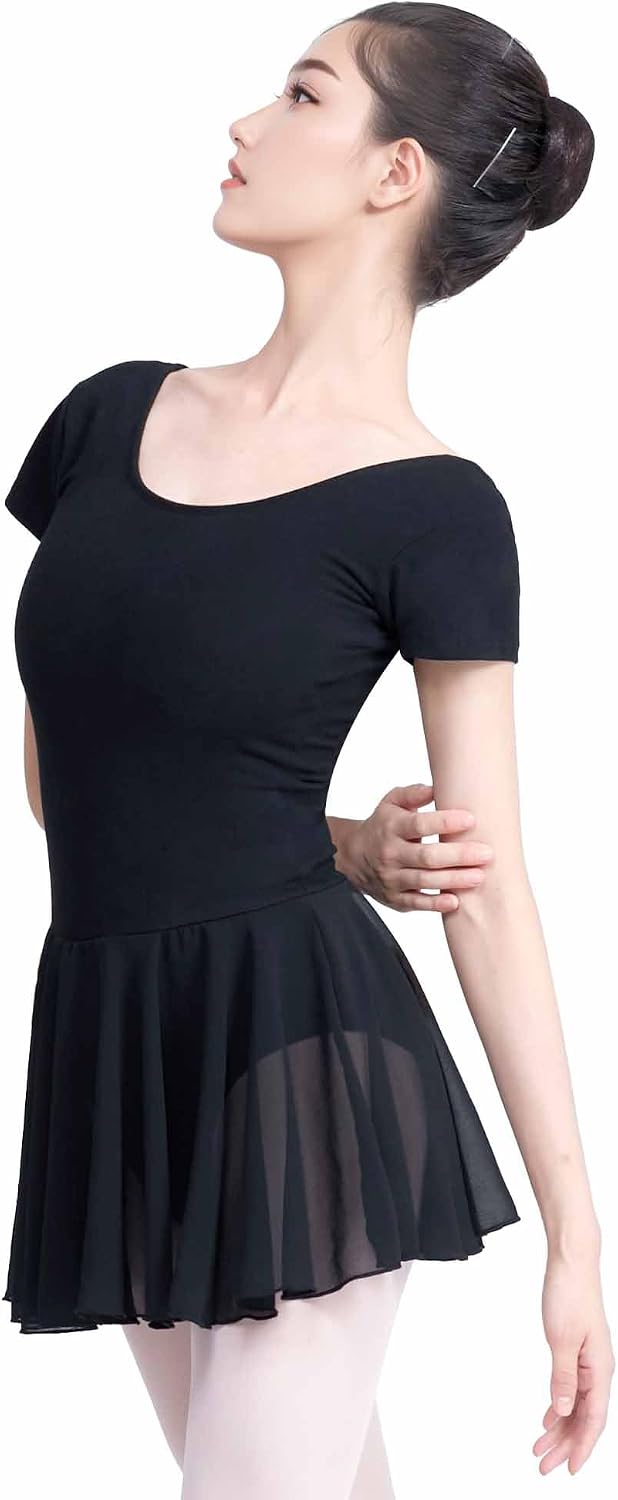 Short Sleeve Ballet Leotards for Women Adult, Gymnastics Bodysuits Dance Skirted Leotard
