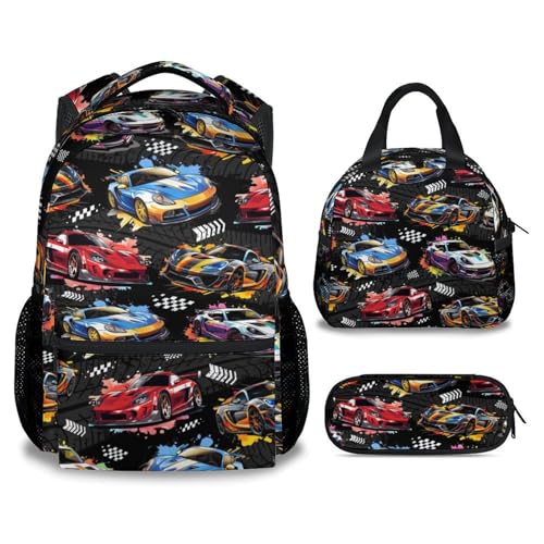 GiftoFLUX Boys Backpack Set - Racing Car Backpacks for Kids - 3Pcs Toddler Bookbag with Lunch Box & Pencil Case - Lightweight School Bag for Kindergarten/Preschool/Elementary (17 Inch)