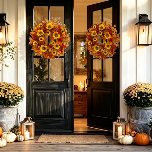 Image of 24 Inch Harvest Fall Wreaths for Front Door with Sunflower and Red Berries
