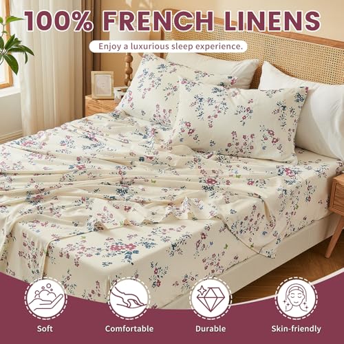 Image of Bedlifes 100% French Linen Floral Queen Bed Sheet Set - 16 inch Deep, 4Pcs | Soft & Durable, Breathable & Cooling, Pure Flax Linen, OEKO-TEX Certified, Moisture-Wicking, Easy Care, Machine Washable