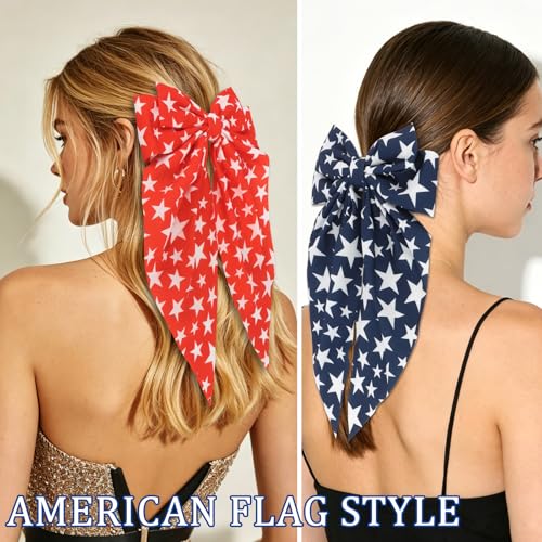 CURASA 4th of July Satin Hair Bows Para Mujeres y Niñas 4PCS Moños de Cinta con Bandera Americana Pinzas de Pelo Patrióticas Día de la Independencia Azul Blanco Estrella miniatura 5