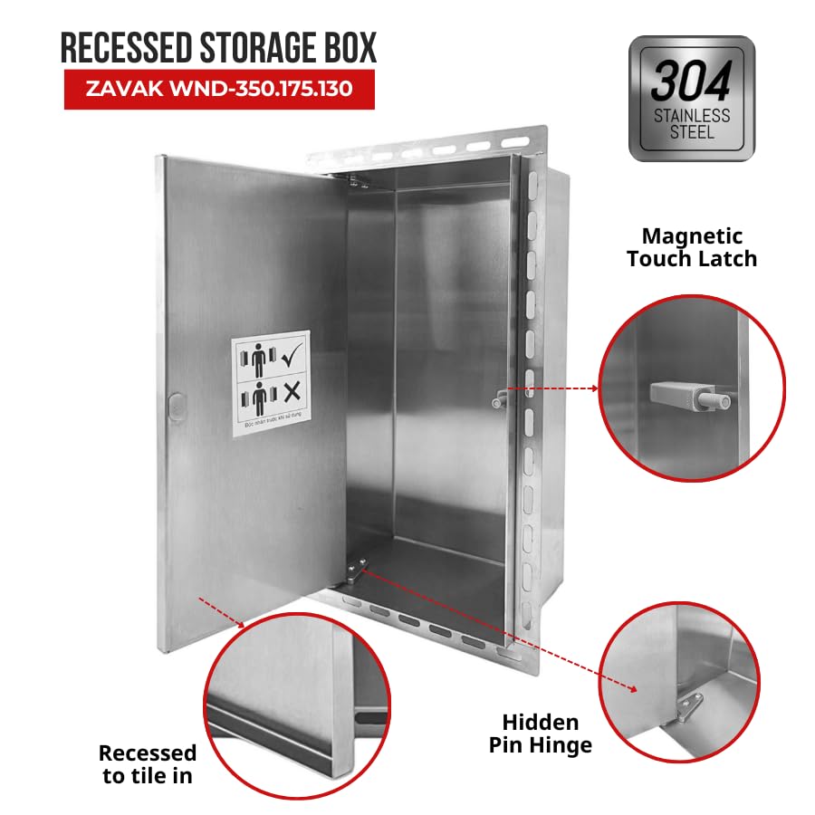 ZAVAK Recessed Wall Niche with Tileable Door in Bathroom, Single Door, Made from 304 Stainless Steel