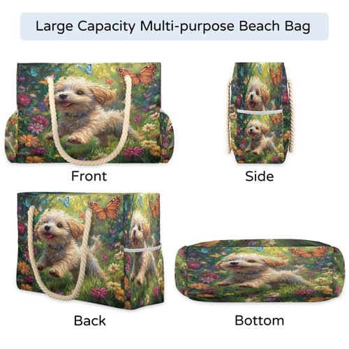 Cute Dog Large Tote Beach Bags for Women with Zipper Puppy Waterproof Sandproof Gym Swim Pool Grocery Travel Bag4
