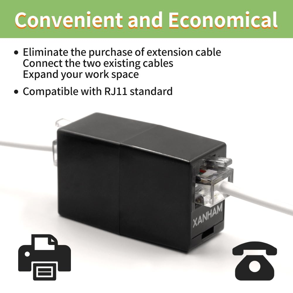 RJ11-Koppler (2 Stück) Telefonleitungskabelverbinder 6P4C Adapter gerade Verbindung Buchse auf Buchse für Telefonkabelverlängerung, schwarz, AV01103