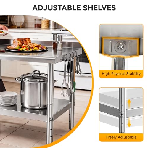 Image of DWVO 48x24in Stainless Steel Table with Backsplash | NSF Metal Prep Worktable for Kitchen Restaurant Hotel Garage Warehouse Home Commercial