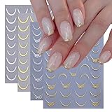 Lines French Tip Nail Art Stickers Gold Silver French Line Nail Decals 3D self-Adhesion Curve Lines Design Metal Strip French Nail Art Supplies for Women DIY Manicure Decoration 8 Sheets