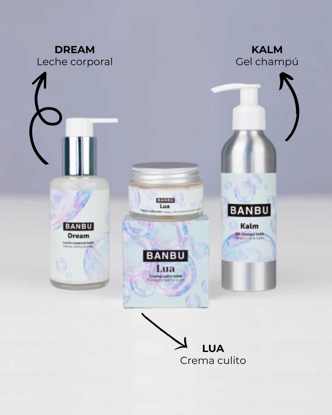 Pack Baby Natural | Set di 3 prodotti | Gel Shampoo Kalm, Latte Corpo Dream, Crema Culito Lua | Formula senza profumo