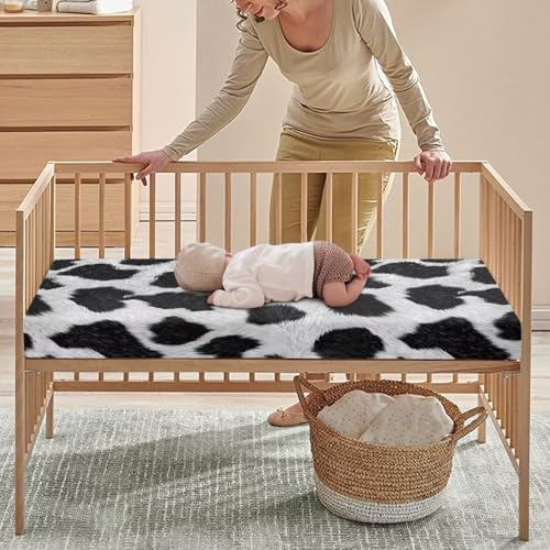 Image of Cow Print Baby Crib Sheets for Boys Girls Cribs Sheet Nursery Bedding Set Fitted Breathable Crib Mattress Cover Nursery Decor Toddler Gifts, 25x52 inch, Machine Washable