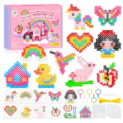 PITMT 10mm Bügelperlen Groß Set, 1050 Stück XL Steckperlen 9 Farben mit Bügelperlen Platten, 11 Muster 3 Bügelpapier 5 Schlüsselanhänger und Zubehör für Kinder ab 3 Jahren Basteln Handwerk Geschenk