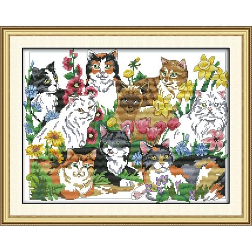 Image of Cats Stamped Cross Stitch Kits, 11CT Pre Printed Fabric Cross Stitch for Adults,Animals Embroidery Kits for Beginners Gift DIY Needlework Kits Home Wall Decor-(Cohesion(11CT) 20.08 x15.75 inch)