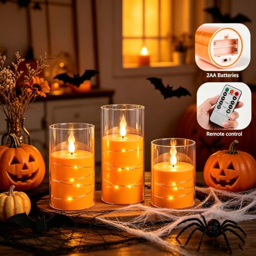 Image of Da by 3 Pack Orange Transparent Acrylic Flameless Taper Candles, Flickering Black Wick LED Candles with Fairy String Lights, Heat Resistant ABS Candles with Remote for Indoor Outdoor Decor