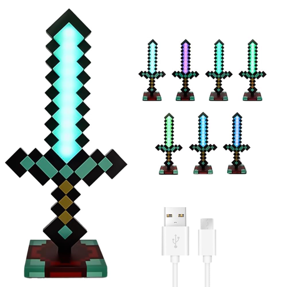 KBIBCK Diamantschwert Licht, 39 cm Diamant-Schwert Lampe Carft, Wiederaufladbare mit USB-C Sockel, 7 einstellbare Farbmodi, Pixel Schwert für Hand und Tisch zur Dekoration, Geschenke