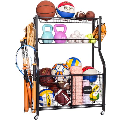 Logicexplore Sports Equipment Storage Organizer Rack with Rolling Wheels Garage Ball Storage Cart for Basketball Soccer Baseball Heavy-Duty Metal Sports Rack for Garage Home School Gym