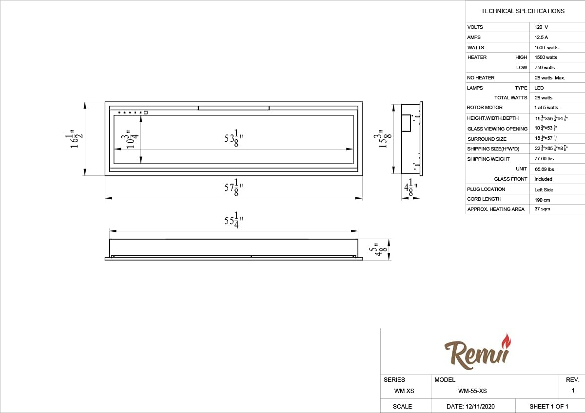 Technical drawing with dimensions and specifications for Amantii WM-55-XS electric fireplace