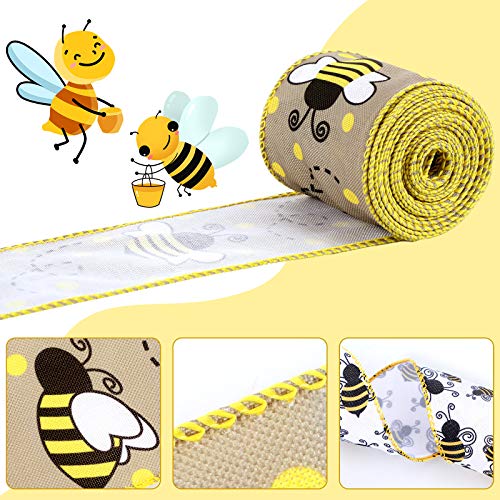 4 Rolls 26 Yard Bee Ribbon Wired Polka Dot Wired Edge Ribbon Bee Vertical Stripe Craft Ribbon Decorative Ribbon For Wrapping, Easter Party Decoration, Hair Bows, Crafting And Sewing (Classic Color) #TOP1