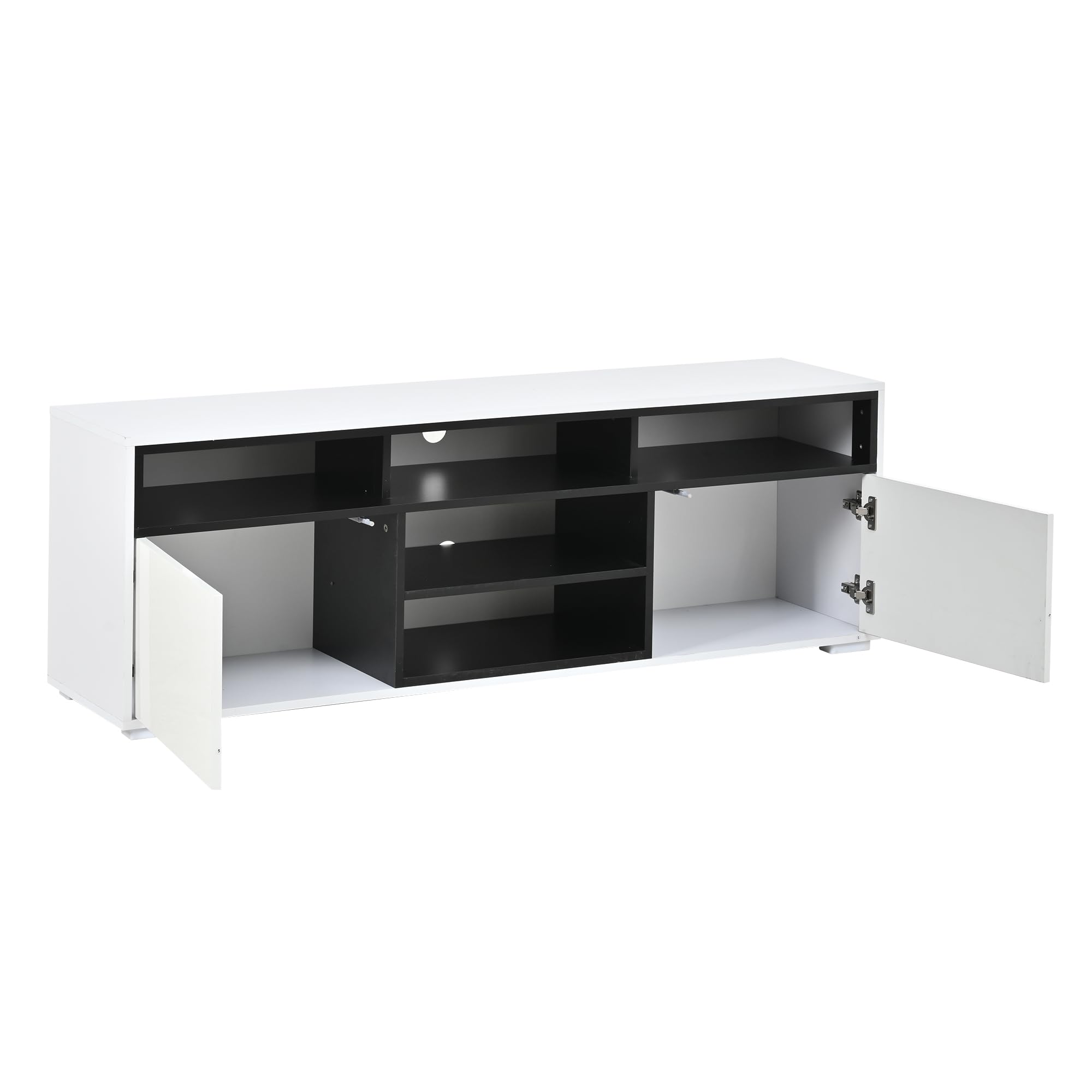 Mueble bajo para TV de alto brillo de 150 x 35 x 50 cm, con espacio de almacenamiento, 2 puertas, 8 almacenes, color blanco