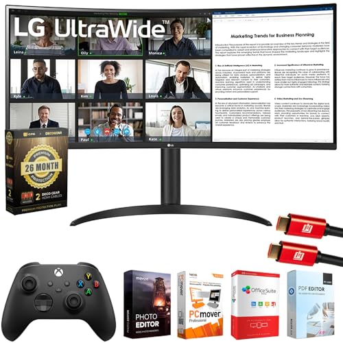 Image of LG 34WR55QK B 34 inch Curved UltraWide WQHD HDR 10 100Hz Monitor Bundle with Microsoft Wireless Controller, Elite Suite 18, 2X HDMI Cable and Deco Gear CPS 26 Month Protection Pack (Beach-CPS- 26M500)