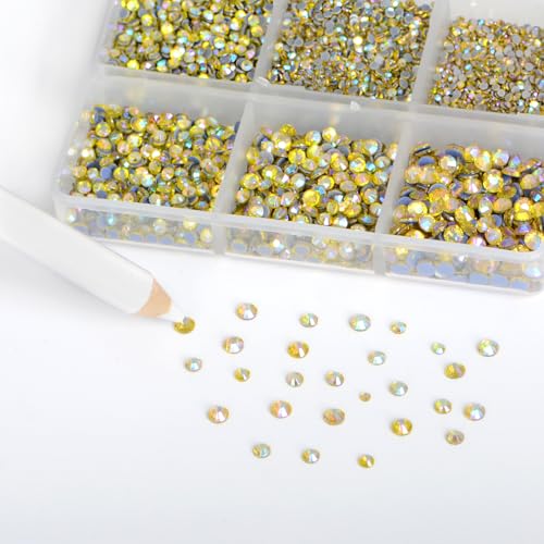 Image of Bymitel Hotfix Crystal Rhinestones Round Gems for Crafts,Mixed 6 Sizes with Wax Pencil Kit, Citrine AB 1.3-3.2mm(SS3-SS12 /8000pcs)