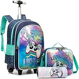Meetbelify Kids Backpacks with Wheels for Boys Football Rolling Backpack with Lunch Box for Elementary Students Trip Luggage for Boys Ages 6-8