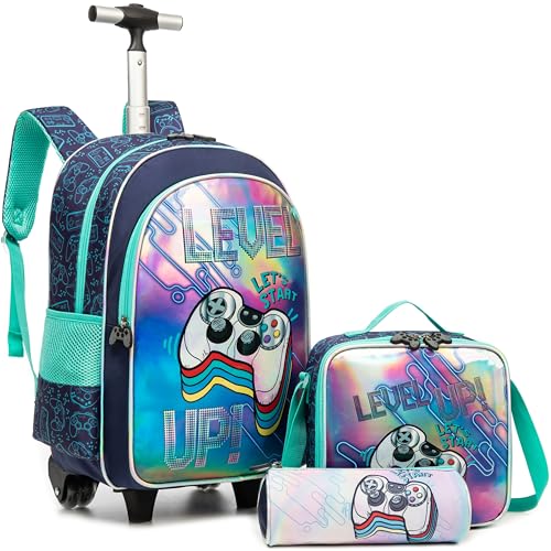 Meetbelify Kids Backpacks with Wheels for Boys Football Rolling Backpack with Lunch Box for Elementary Students Trip Luggage for Boys Ages 6-8