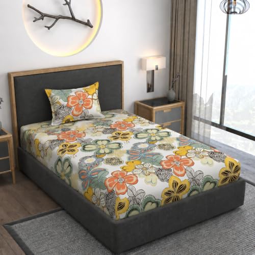 Image of Vaini Premium Heavy Cotton Elastic Fitted Bedsheets with 1 King Size Pillow Covers || Single Bed with All Around Elastic 350 TC || 36 x 78 x 6 Inch Single Size Fitted || :- Cream Big Flower