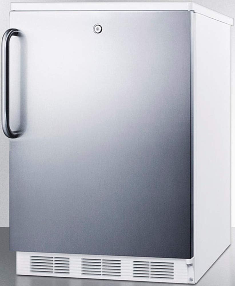 Summit Appliance CT66LWSSTB 24" Wide Refrigerator-Freezer; Dual Evaporator Cooling; Cycle Defrost; Lock; Stainless Steel Door; Crisper Drawer; Towel Bar Handle and White Cabinet