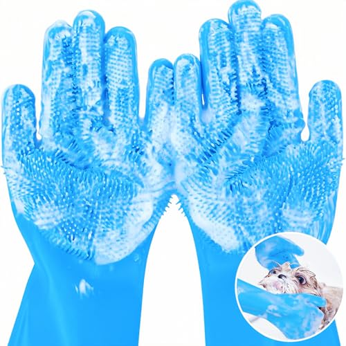 Image of Pet Grooming 3 in 1 Gloves, Dog Cat Bathing Shampoo Brush, Silicone Hair Removal Gloves with Thick High Density Teeth for Bathing and Messaging, Double-Side Scrubbing Gloves for Shedding