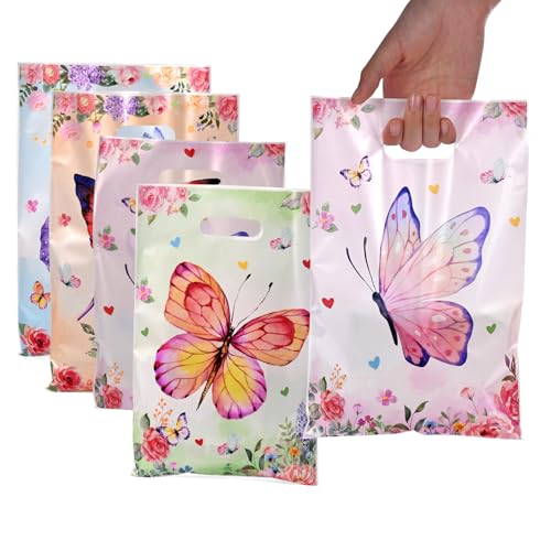 50 Pcs Butterfly Party Favor Bags with Handles (4 Designs) - Plastic Treat Bags for Candy & Small Gifts Bulk Supplies for Wedding Baby Shower Goodie Bags Holiday Gift Bags for Thanksgiving Halloween Christmas New Years Birthday Party Decorations