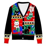 Goodstoworld Women Funny Christmas Outfits Long Sleeve Sweater Warm Funny Cat Knitted Cardigan L