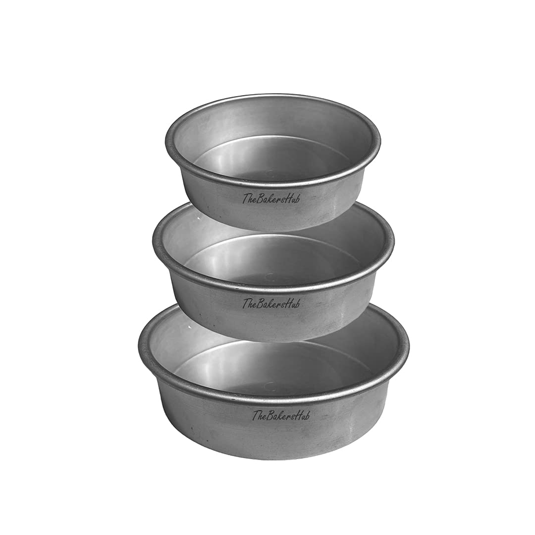 The Bakers Hub Aluminium Round Cake Moulds Tin Bakeware Baking Tray Pan Set 3 in 1 of 6 inch, 7 inch and 8 inch for Half kg, 750 Grams and 1 kg for OTG and Microwave
