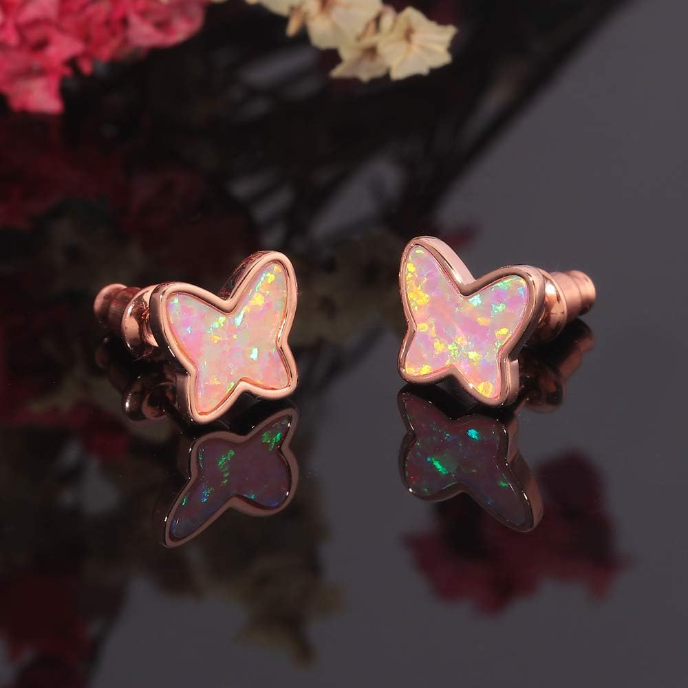 CiNily Opal Stud Earrings,White Gold/Rose Gold Plated Cat Ear/Moon and Star/Dog Bone/Rainbow/Butterfly Small Cute Earrings for Women Girls Hypoallergenic Jewelry Gifts for Sensitive Ears - Image 6