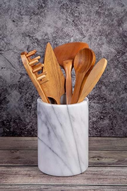 Creative Home Natural Marble Tool Crock Utensil Holder Organizer Wine Cooler, 5 Diam. x 7 H, Off-White (color may vary)