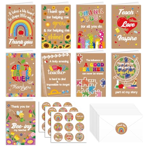 HOWAF 18 Pack Thank You Teacher Cards, Teacher Appreciation Week Gift Cards Kraft Paper, End of School Year Thank You Card for Teachers, Teacher’s Day Greeting Cards with Envelopes Stickers