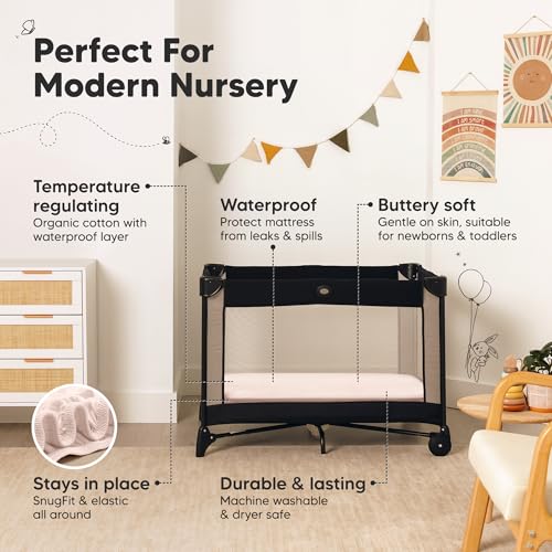 Image of 2 Pack and Play Sheets, Waterproof Mini Crib Sheets Fitted - 38x26 Organic Cotton Pack N Play Sheets for Graco Pack and Play Mattress, Playard Baby Crib Sheets,Neutral for Boy,Girl,Toddler(Mist Rose)