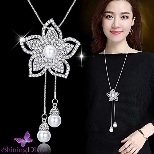Image of Shining Diva Fashion Crystal Flower Stylish Long Chain Pendant Necklace for Women and Girls