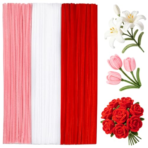 150 PCS Pipe Cleaners Red Pink White Pipe Cleaners Bulk for Crafts Flowers Bouquet Making Chenille Stem for Home Festival Decorations